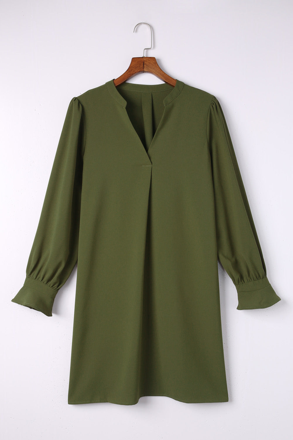 Green Split V Neck Ruffled Sleeves Shirt Dress