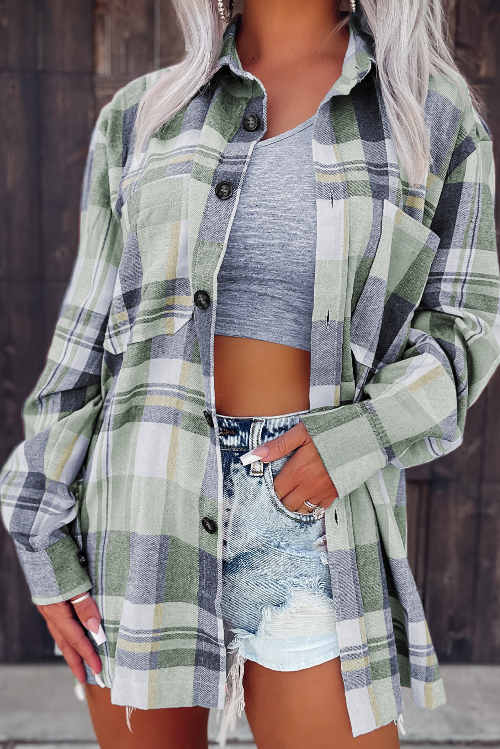 Green Plaid Button Up Patch Pocket Shirt