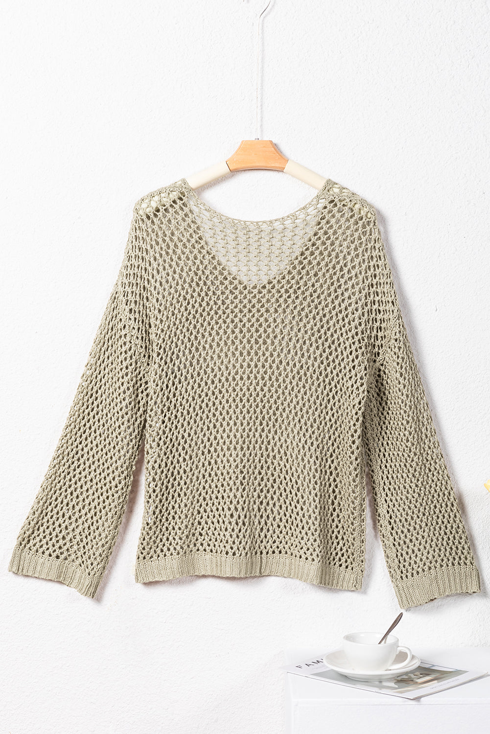 Light French Beige Star Pointelle Knit Baggy Sweater