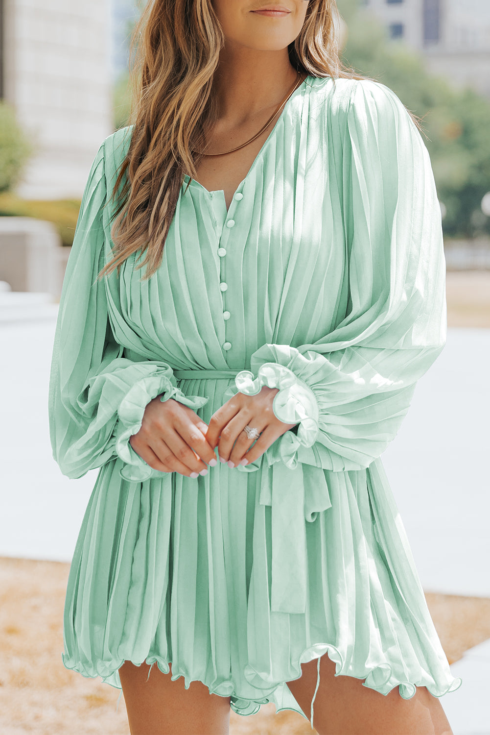 Green Pleated Ruffled Tie Waist Buttons V Neck Romper