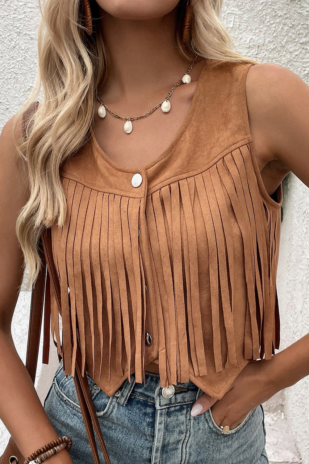 Camel Fringed Snap Button Front Suedette Vest