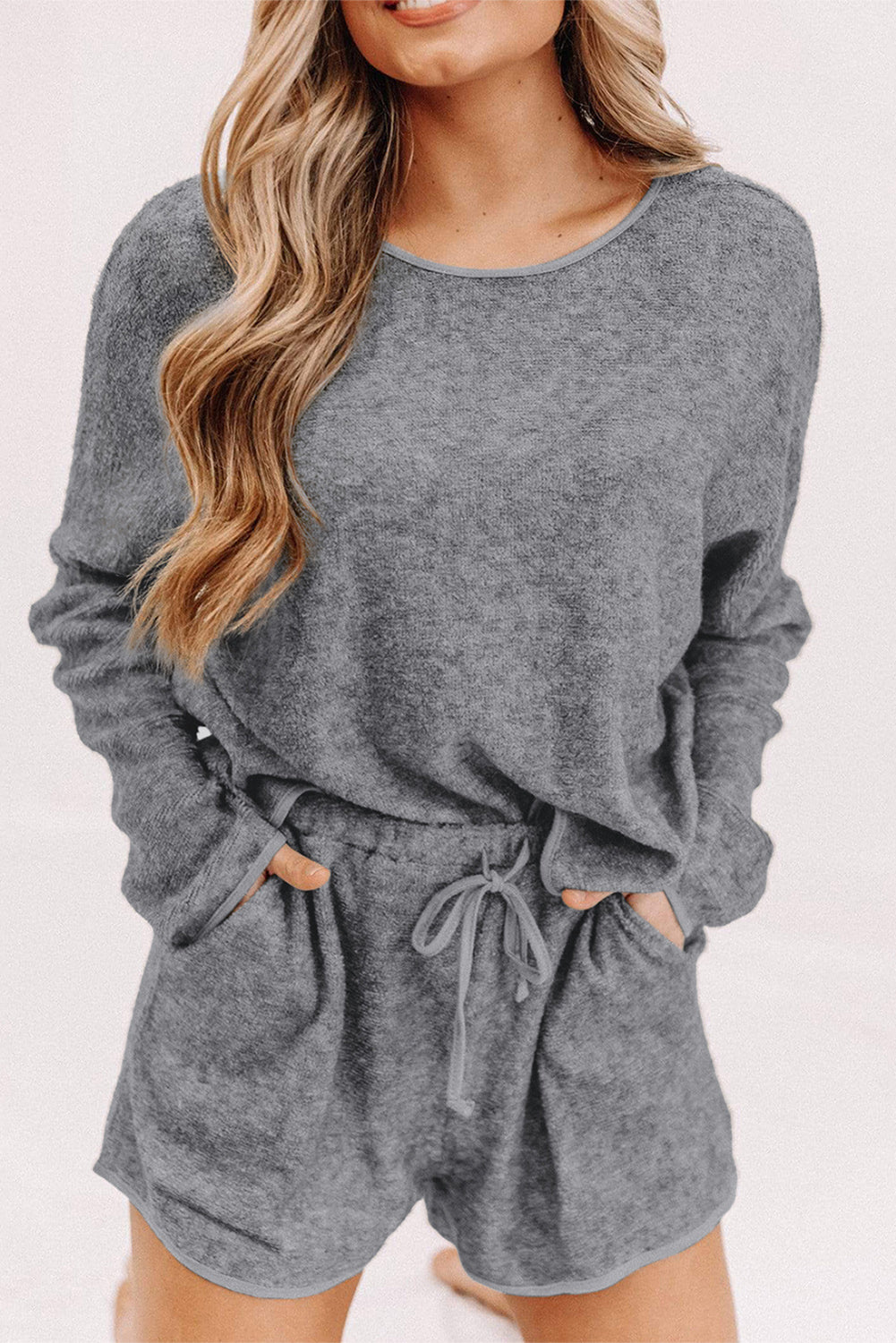 Gray Long Sleeve Top and Drawstring Shorts Lounge Set