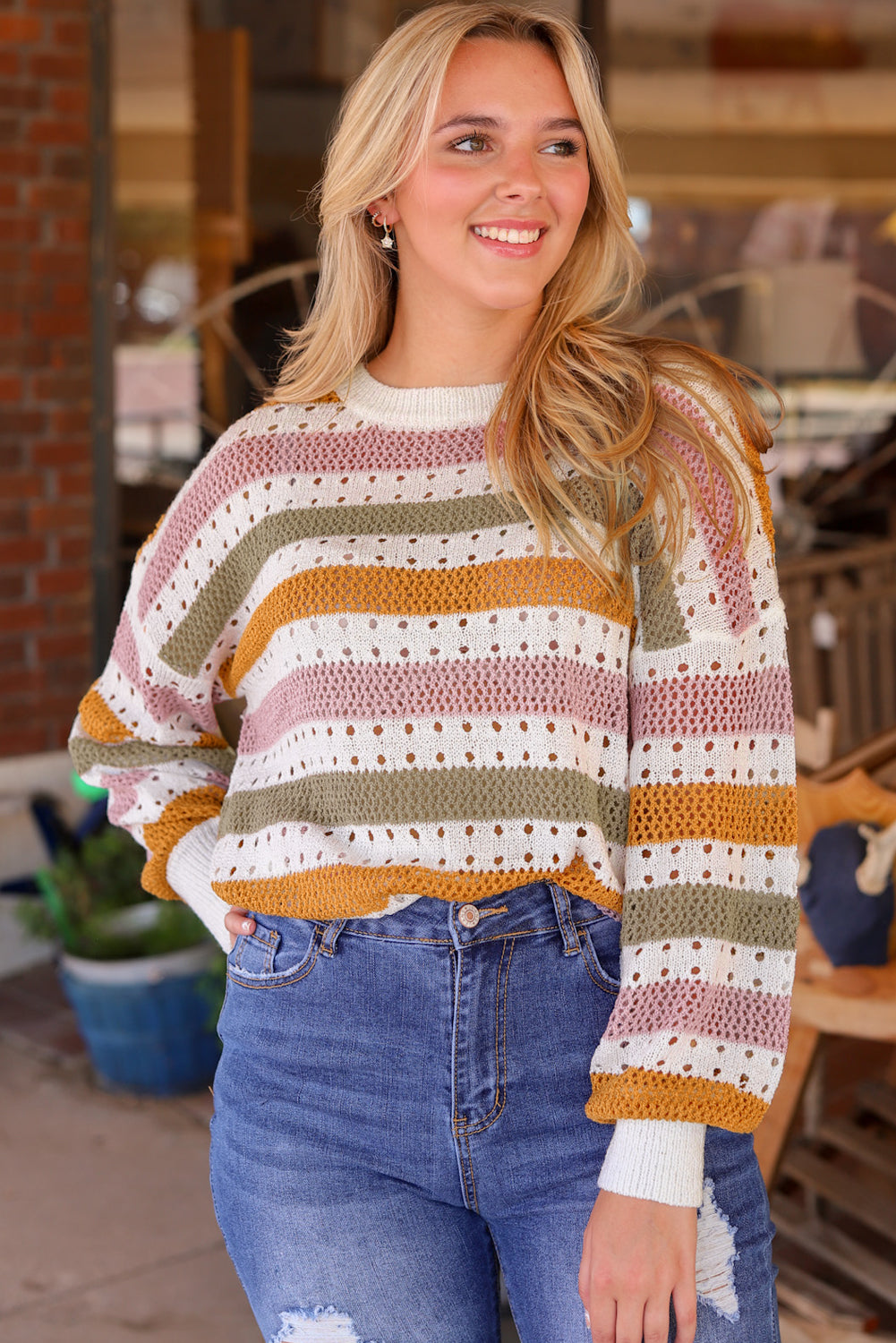 Multicolor Striped Hollowed Knitted Loose Sweater