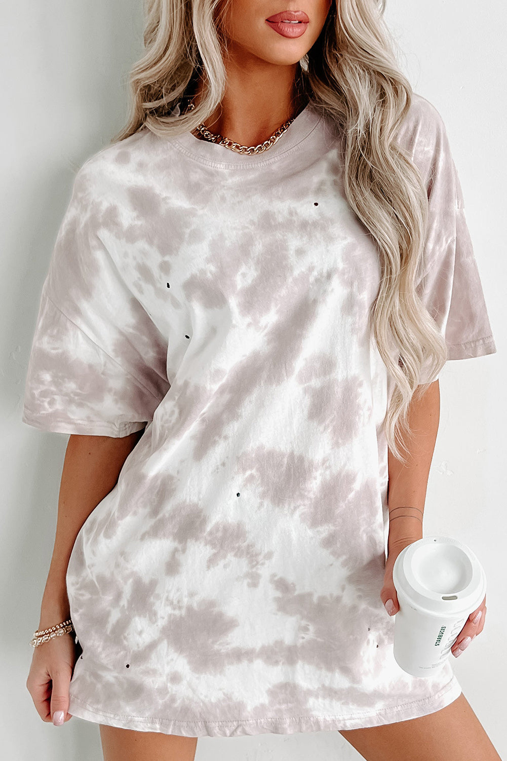 White Tie-dye Round Neck Short Sleeve Top