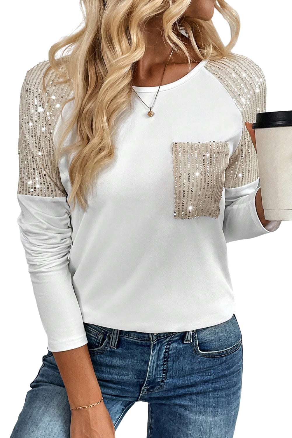 White Sequin Patch Chest Pocket Raglan Sleeve Top