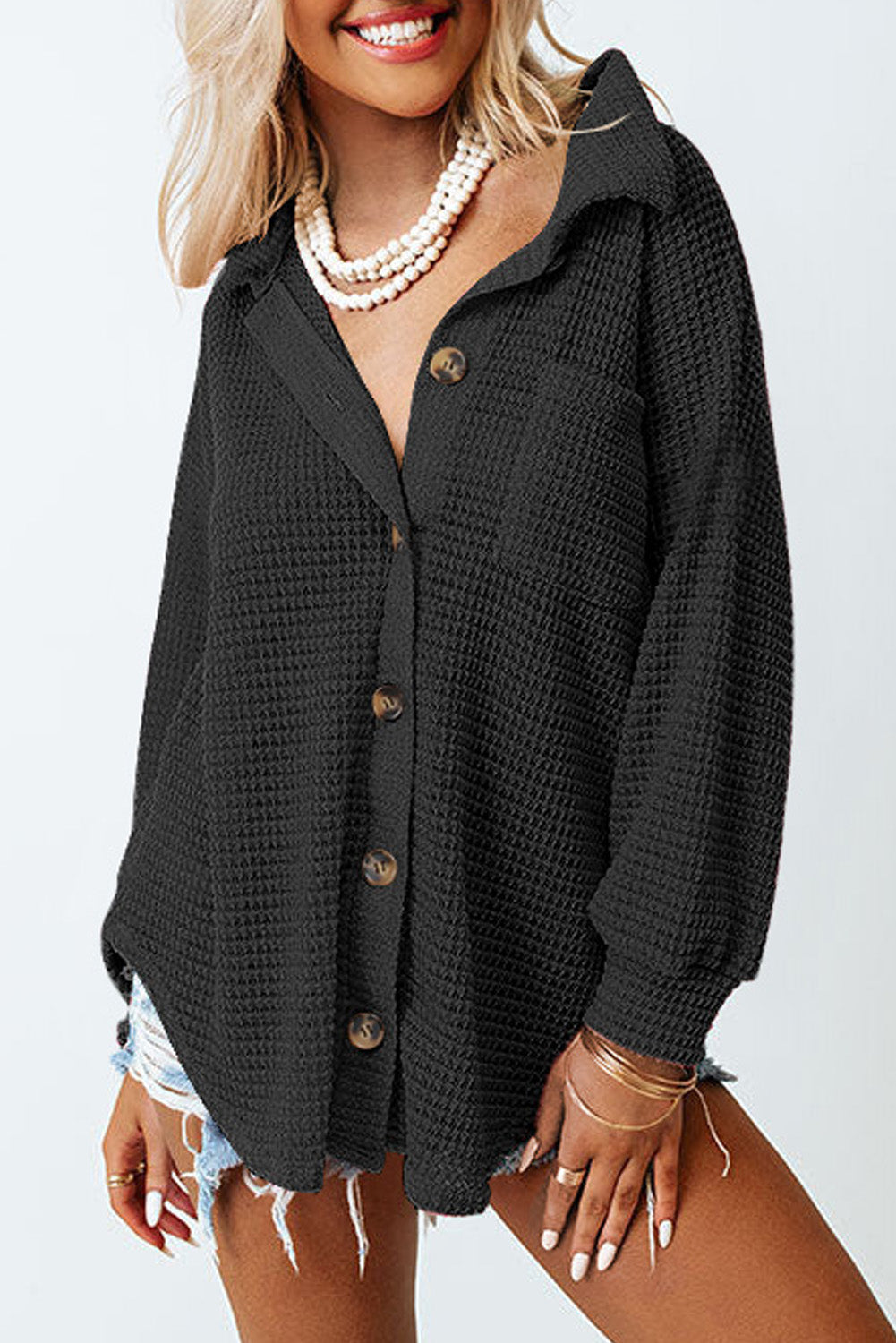 Black Waffle Knit Button Up Casual Shirt