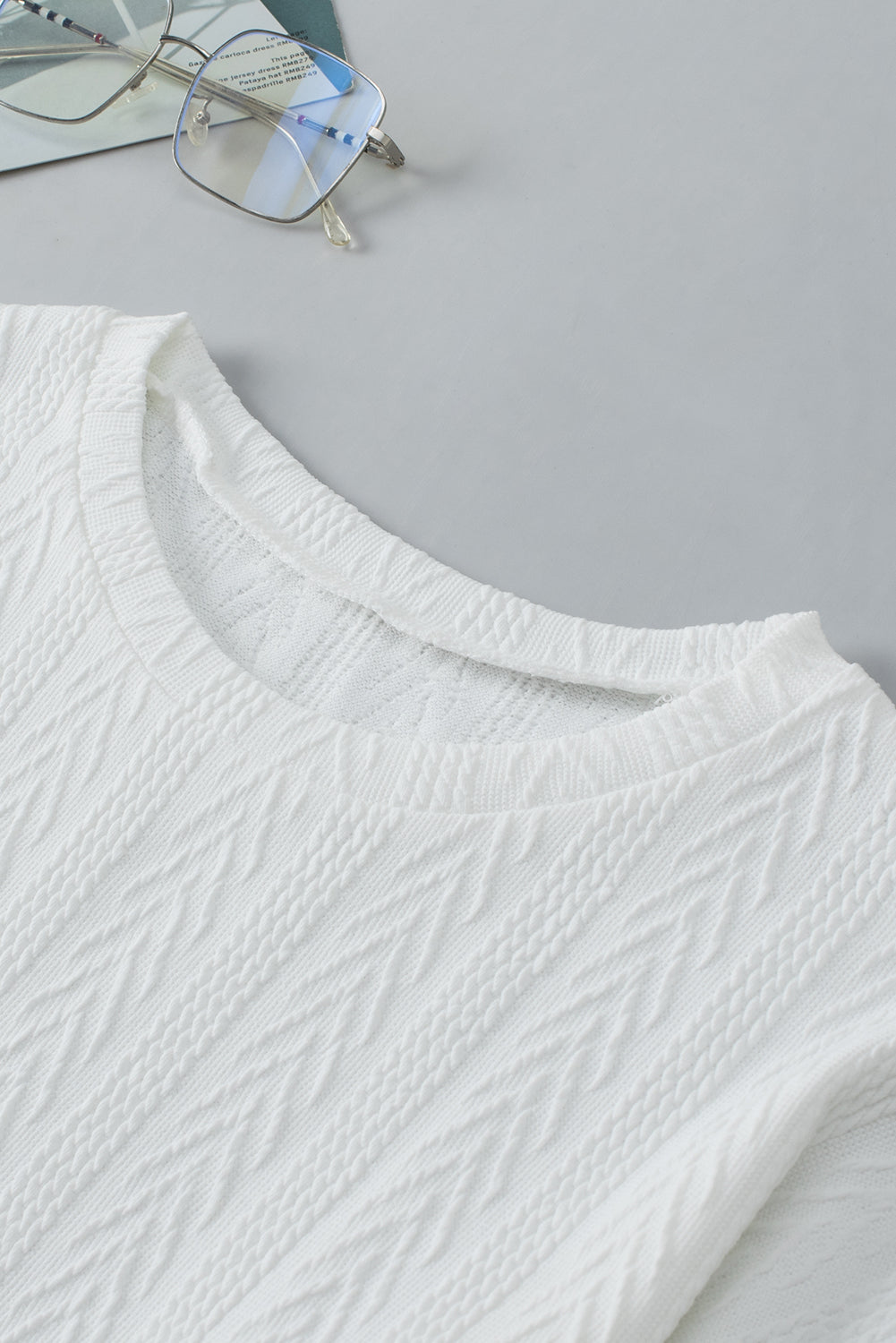 White Round Neck Drop Shoulder Textured Knit Top