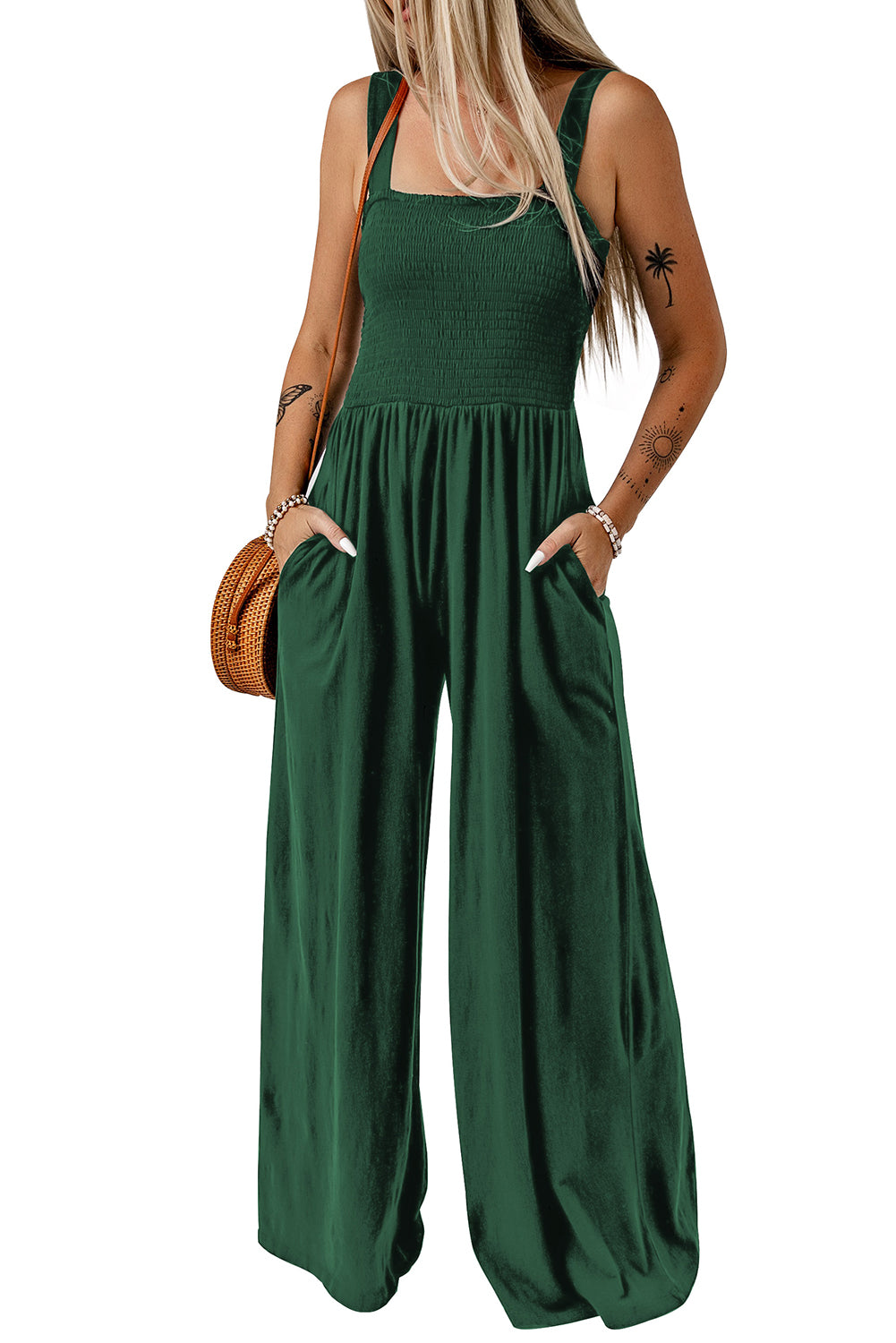 Green Smocked Sleeveless Wide Leg Jumpsuit with Pockets