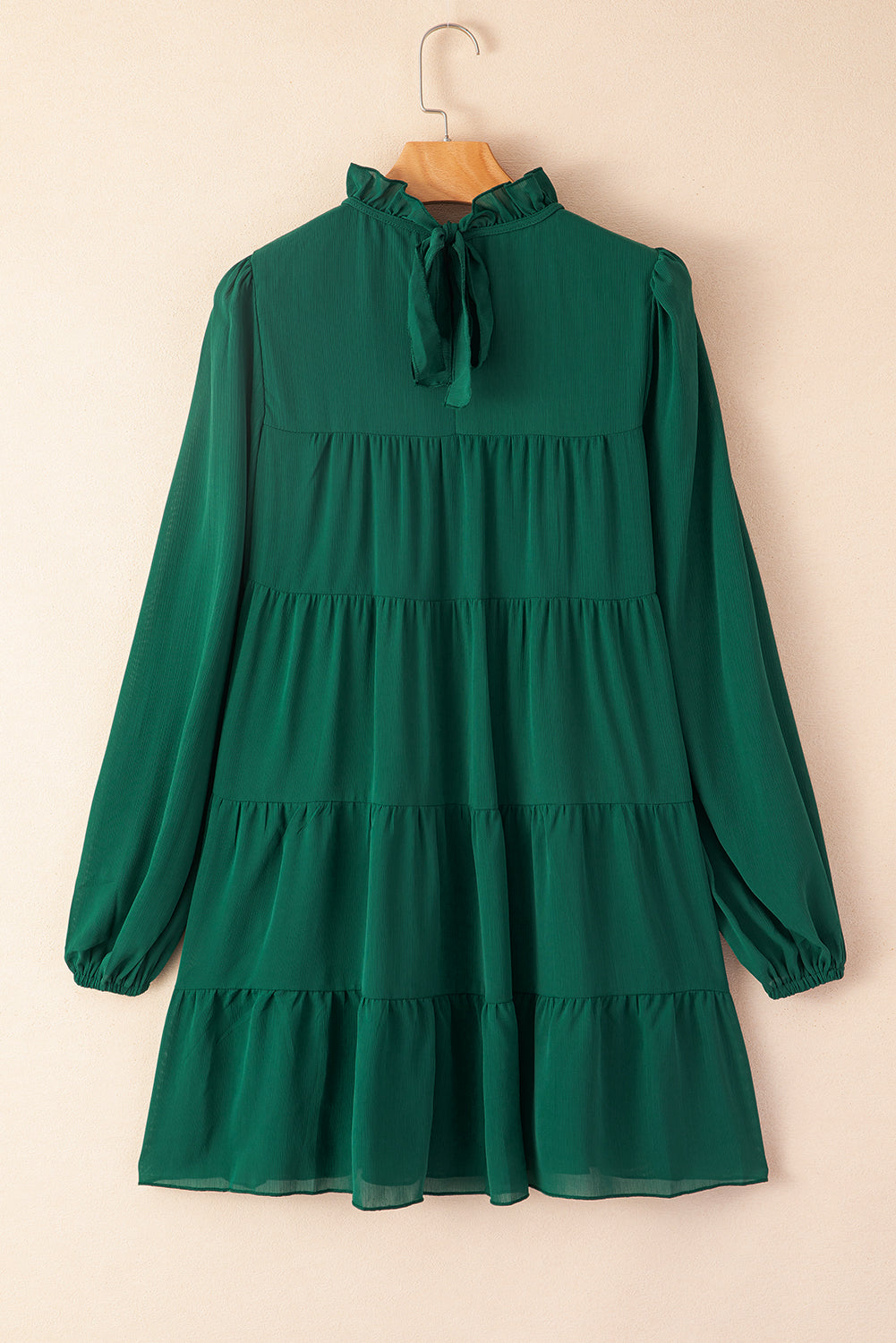 Green Puff Sleeve Mock Neck Back Knot Tiered Dress