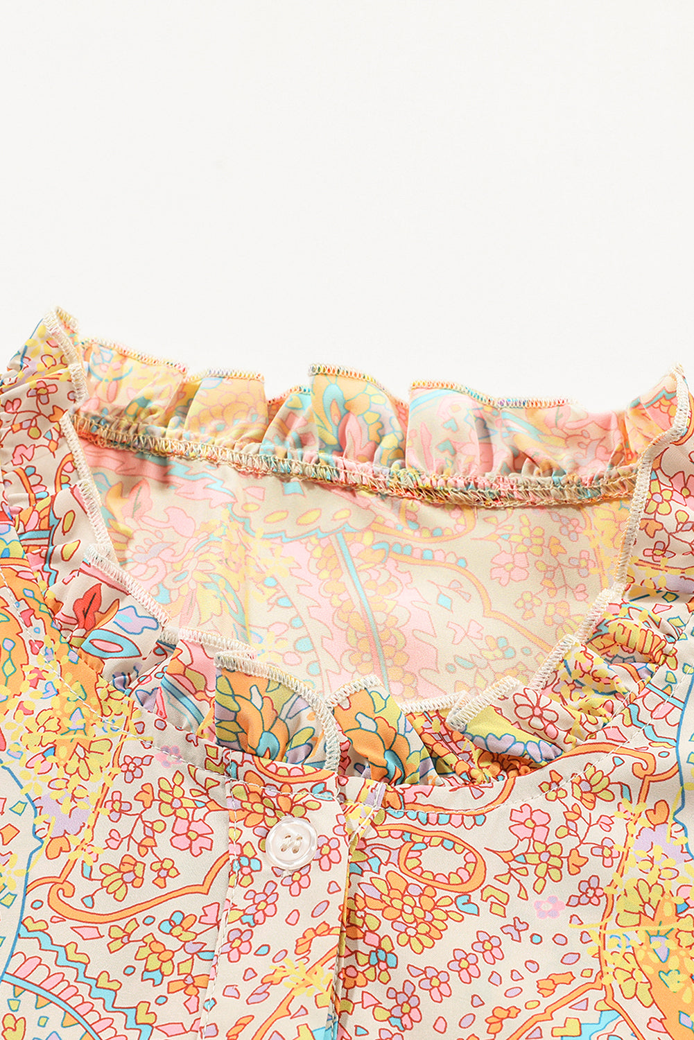 Yellow Paisley Print Ruffled Trim Boho Shirt