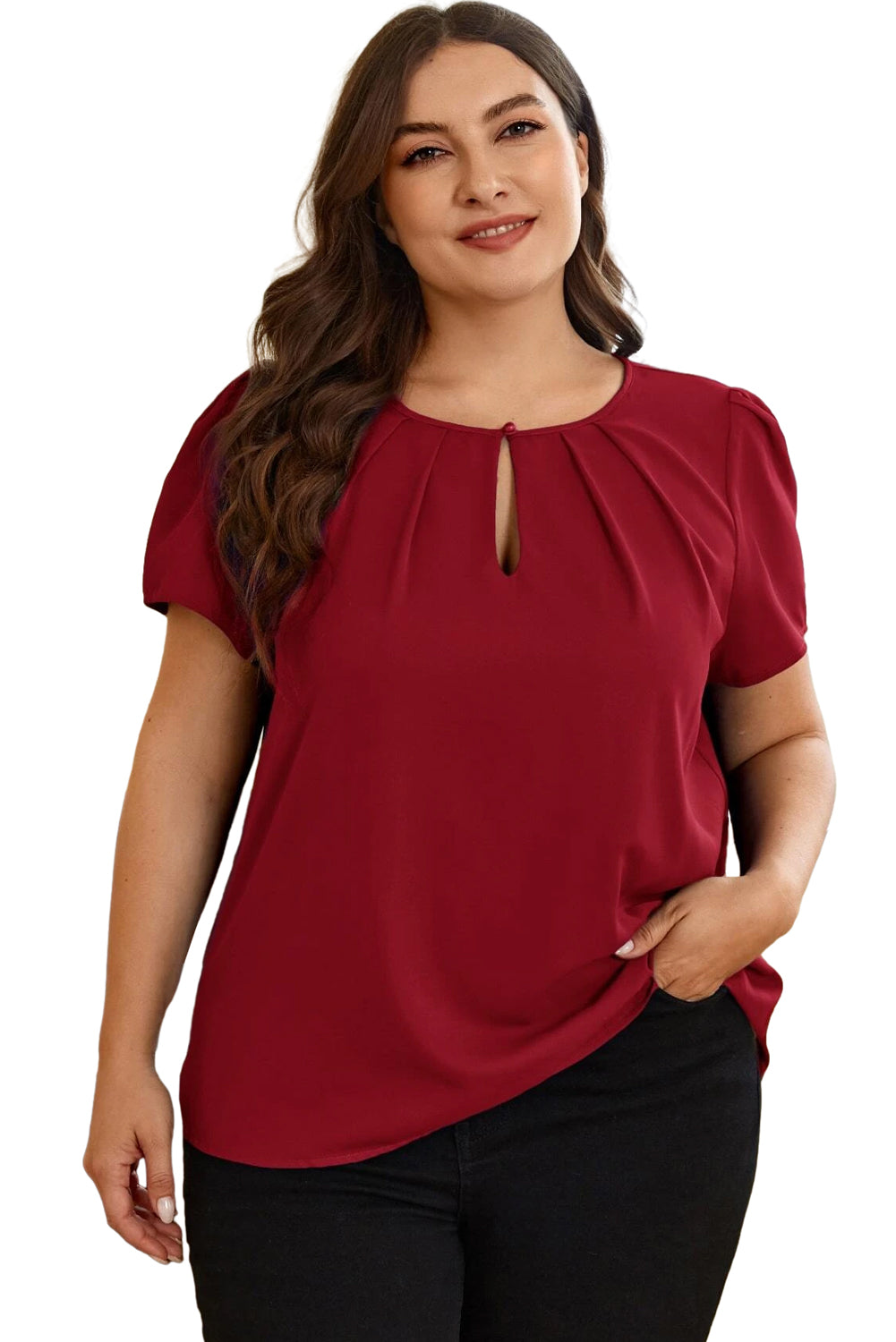 Red Dahlia Keyhole Pleated Crew Neck Plus Size T Shirt