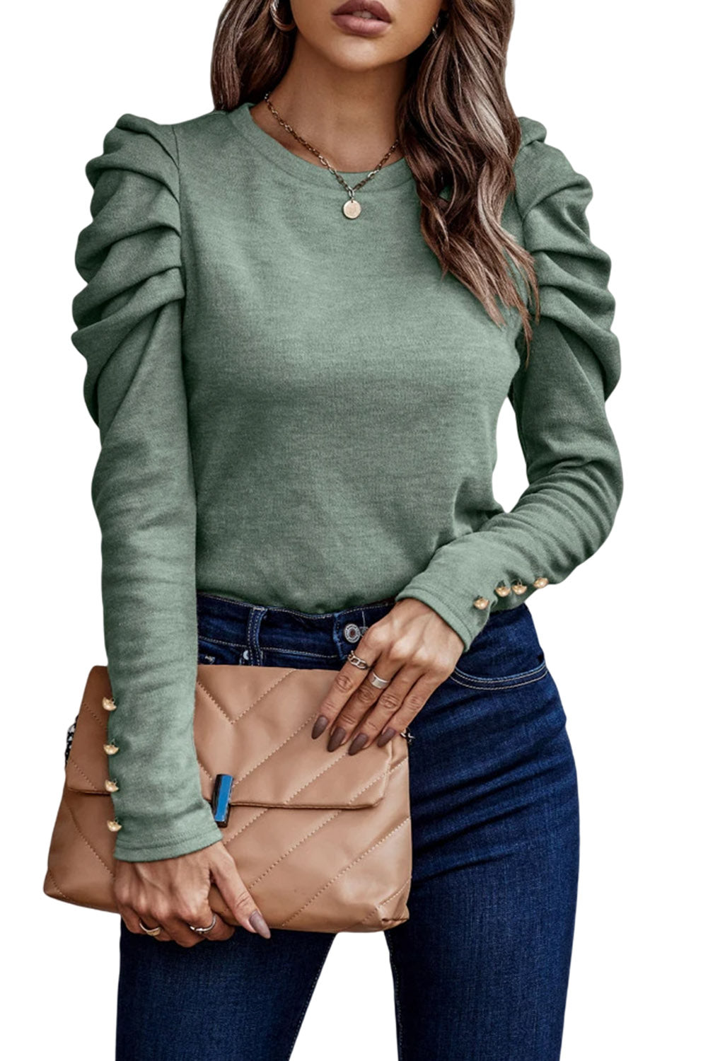 Green Buttoned Puff Long Sleeve Sheath Top