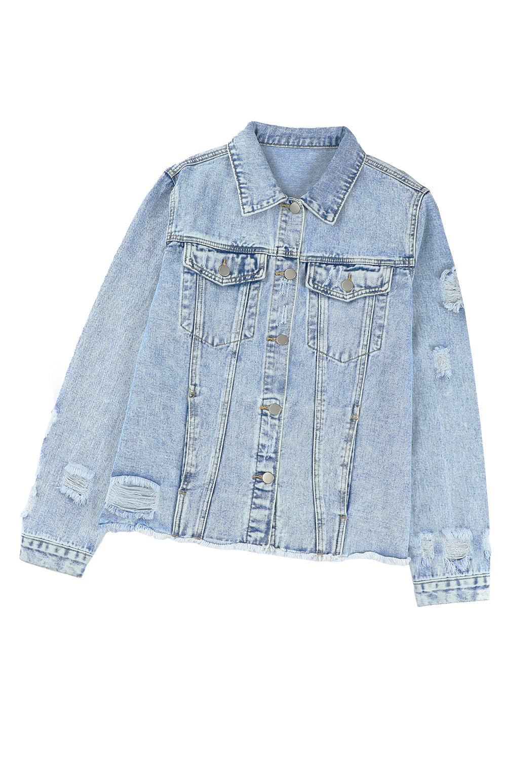 Sky Blue Lapel Distressed Raw Hem Buttons Denim Jacket