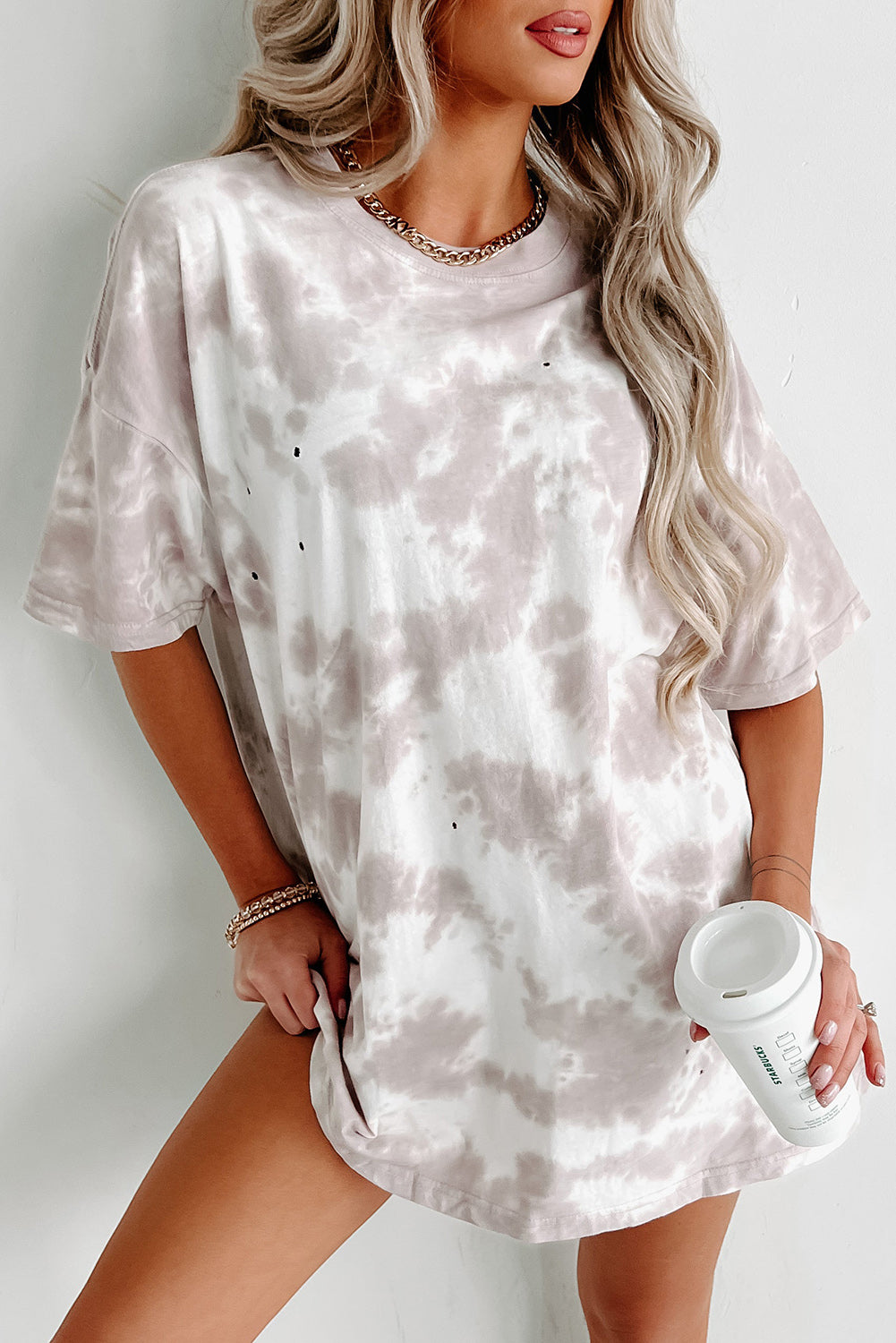 White Tie-dye Round Neck Short Sleeve Top