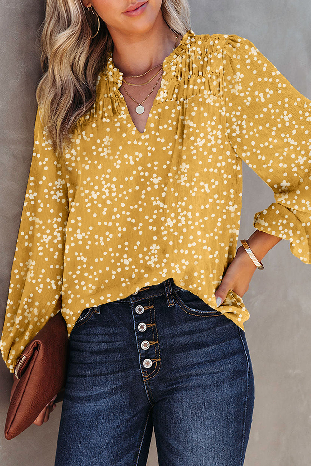 Yellow Split Neck Fall Printed Crinkled Blouse