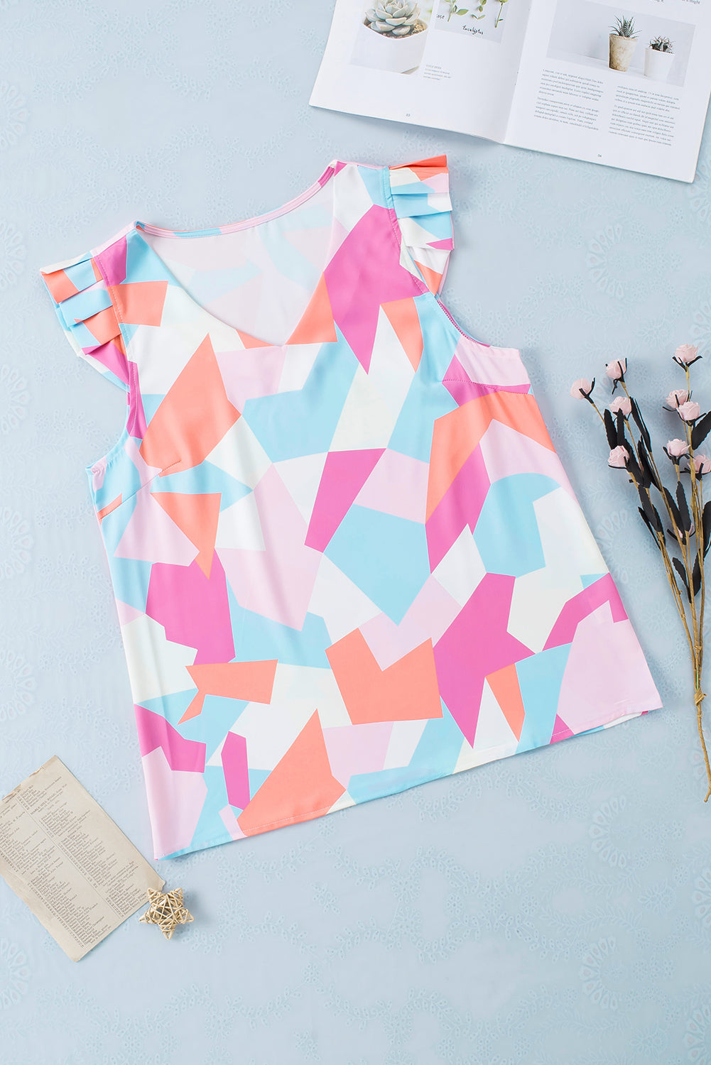 Multicolor Pastel Geometric Print V-Neck Pleated Cap Sleeve Top