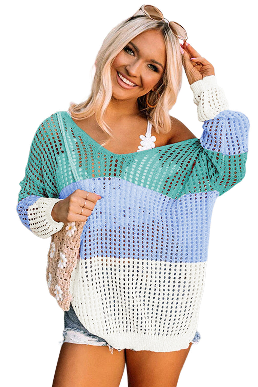 Green Multicolor Color Block Eyelet Long Sleeve Twisted Back Knit Top