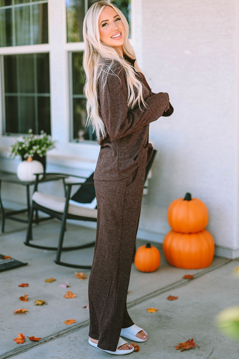 Black Ribbed Knit Collared Henley Top and Pants Lounge Outfit