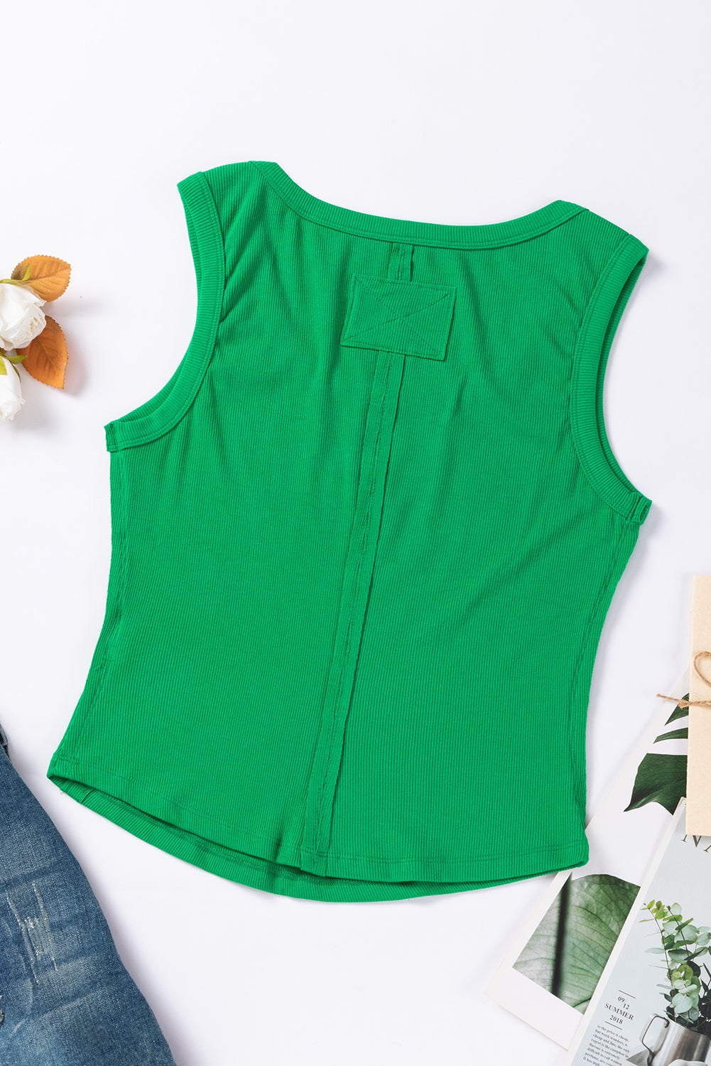 Dark Green Ribbed Exposed Seam Cropped Tank Top