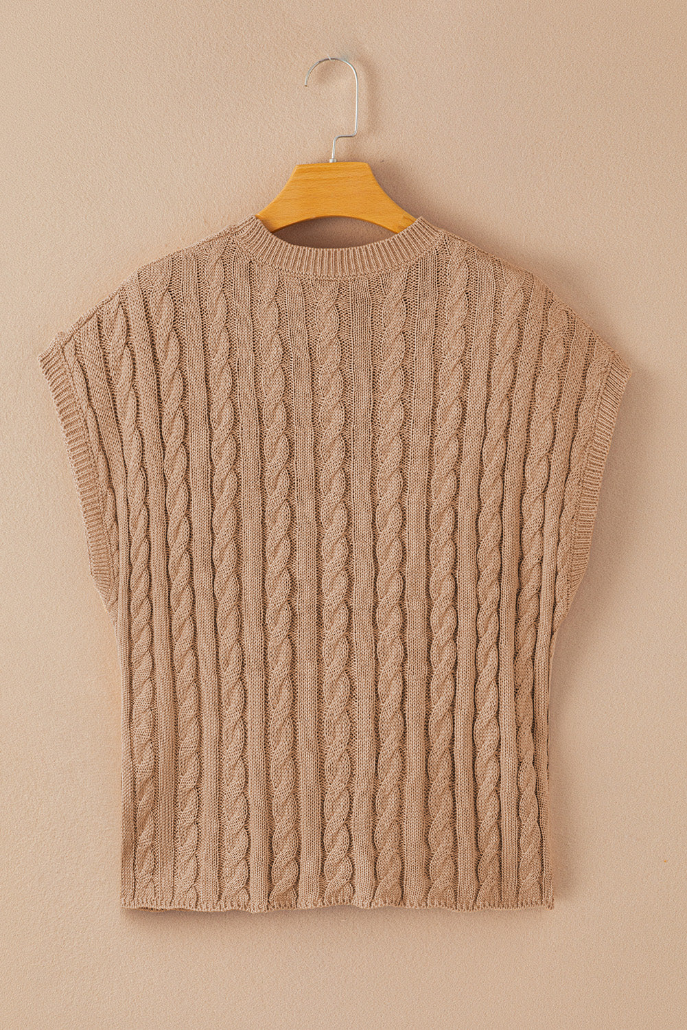 Light French Beige Crew Neck Cable Knit Short Sleeve Sweater