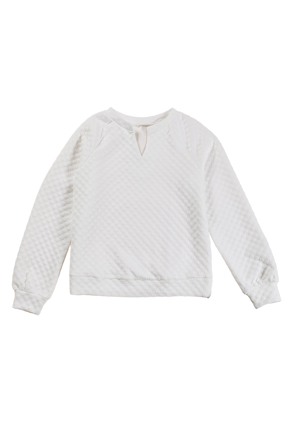 White Split Neck Quilted Long Sleeve Top