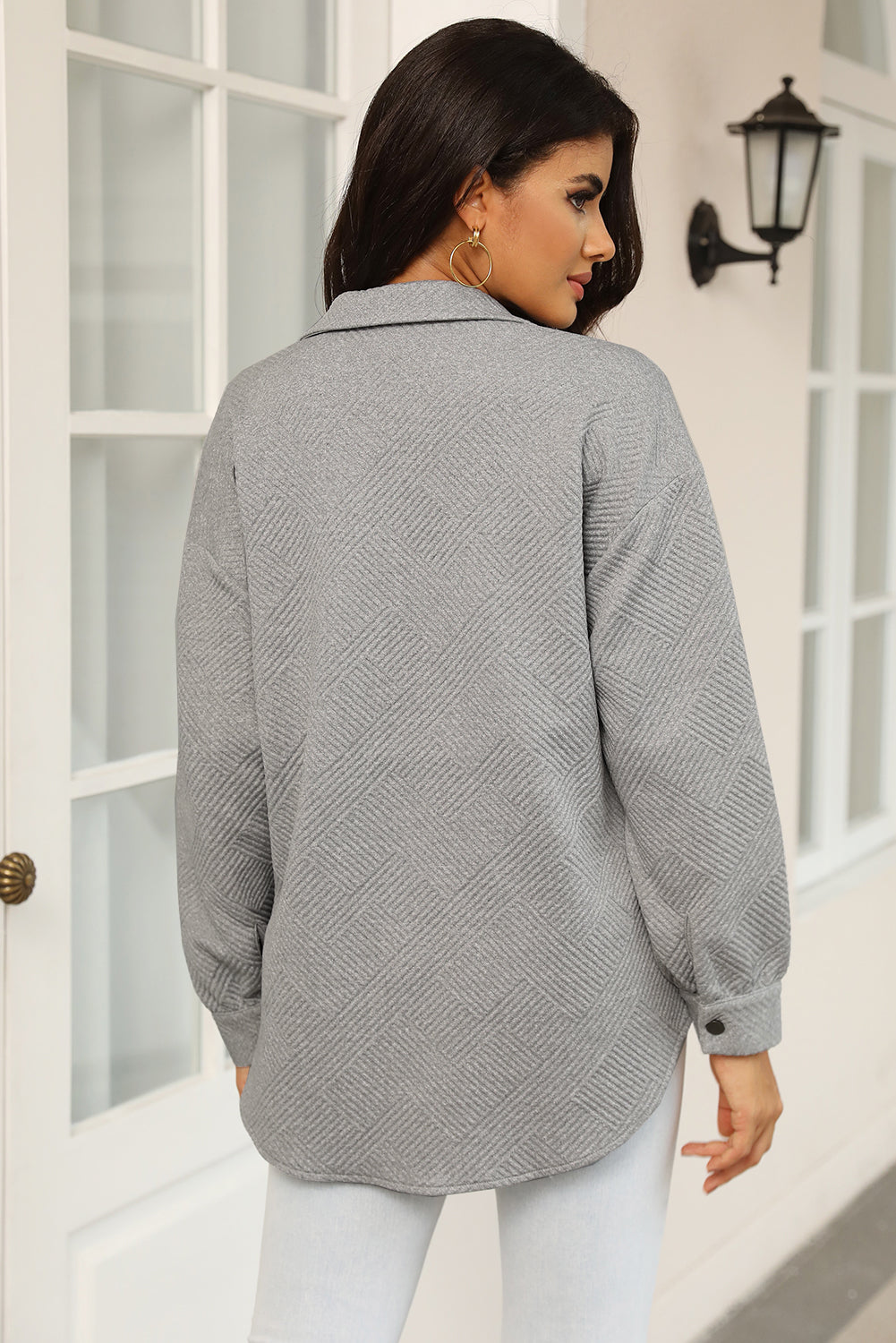 Gray Solid Textured Flap Pocket Buttoned Shacket