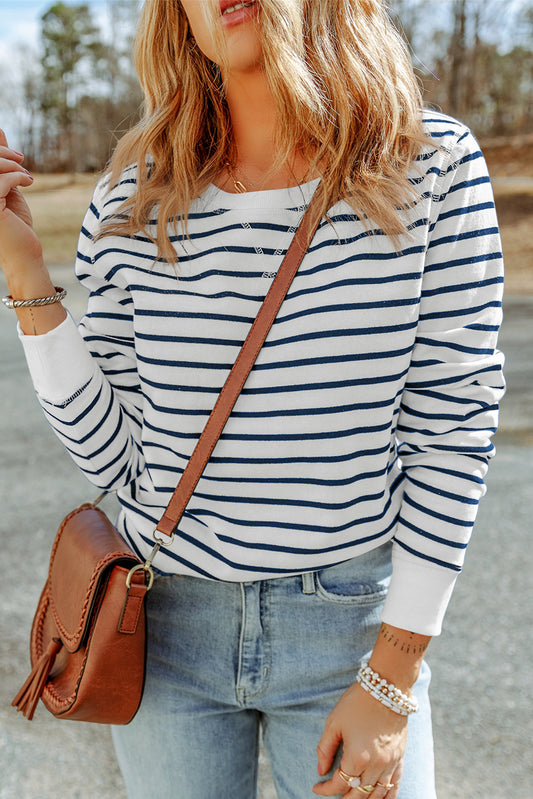 Striped Print Ribbed Trim Long Sleeve Top