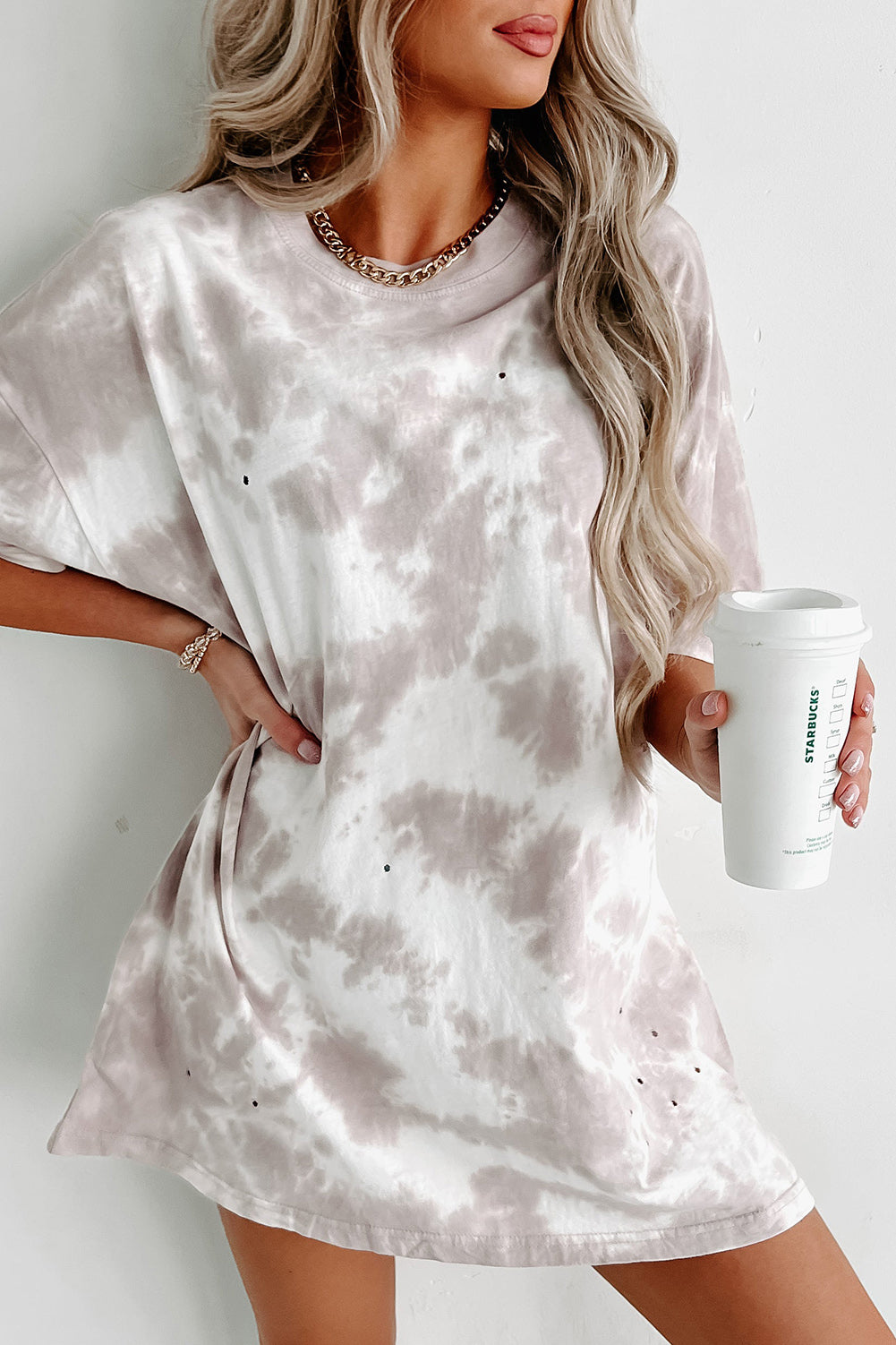 White Tie-dye Round Neck Short Sleeve Top