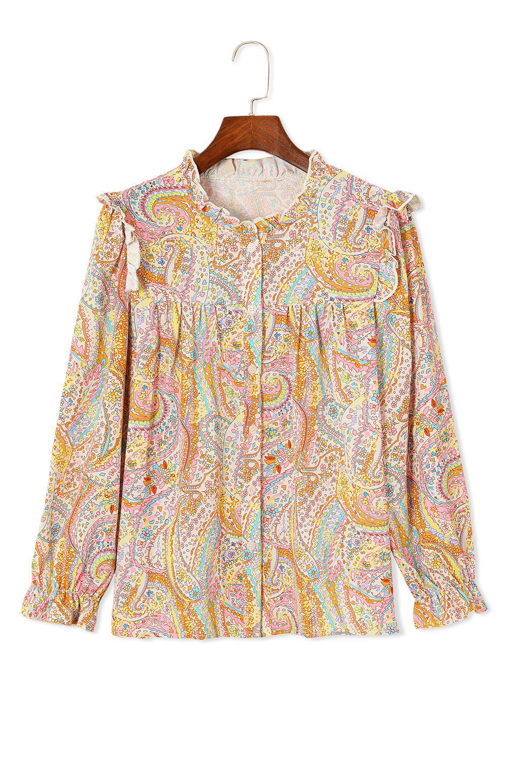 Yellow Paisley Print Ruffled Trim Boho Shirt