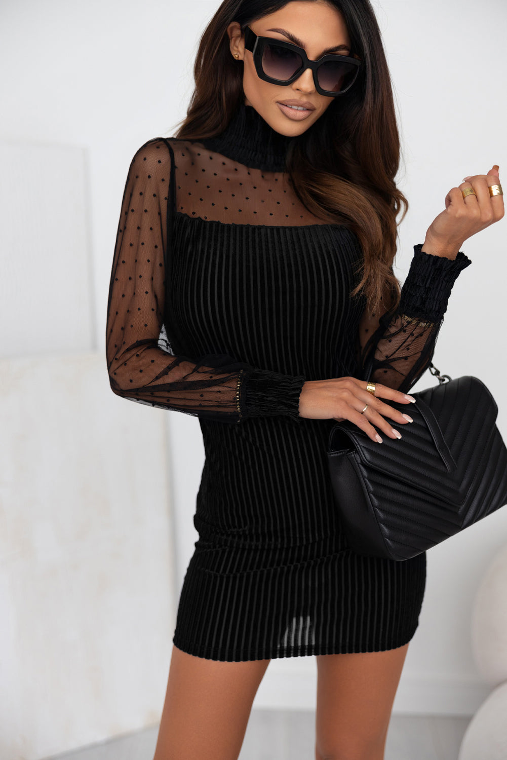 Black Dotted Mesh Striped Frilled Neck Bubble Sleeve Dress