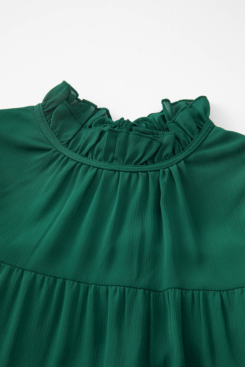 Green Puff Sleeve Mock Neck Back Knot Tiered Dress