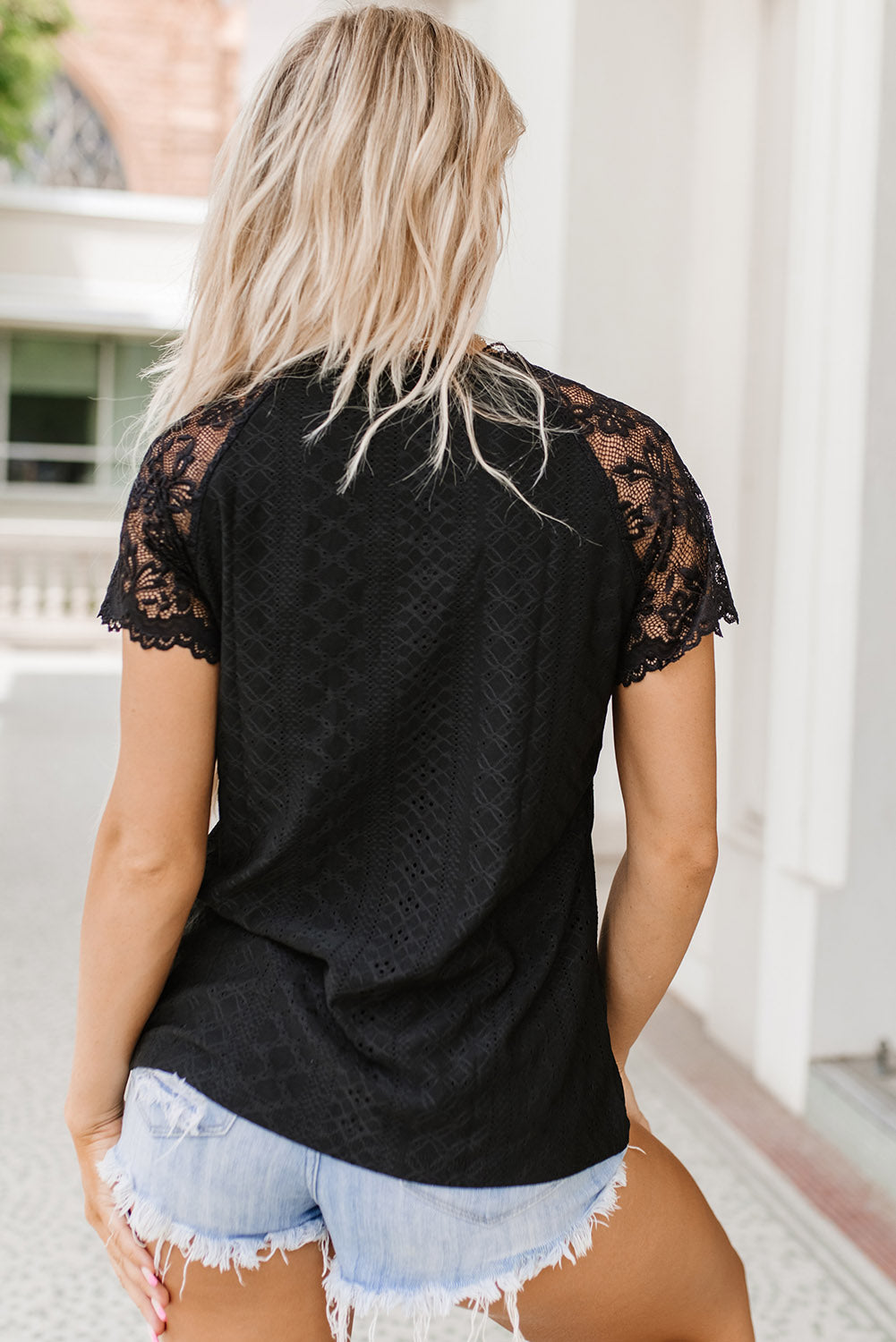 Black Lace Short-Sleeve Scalloped V-Neck Top