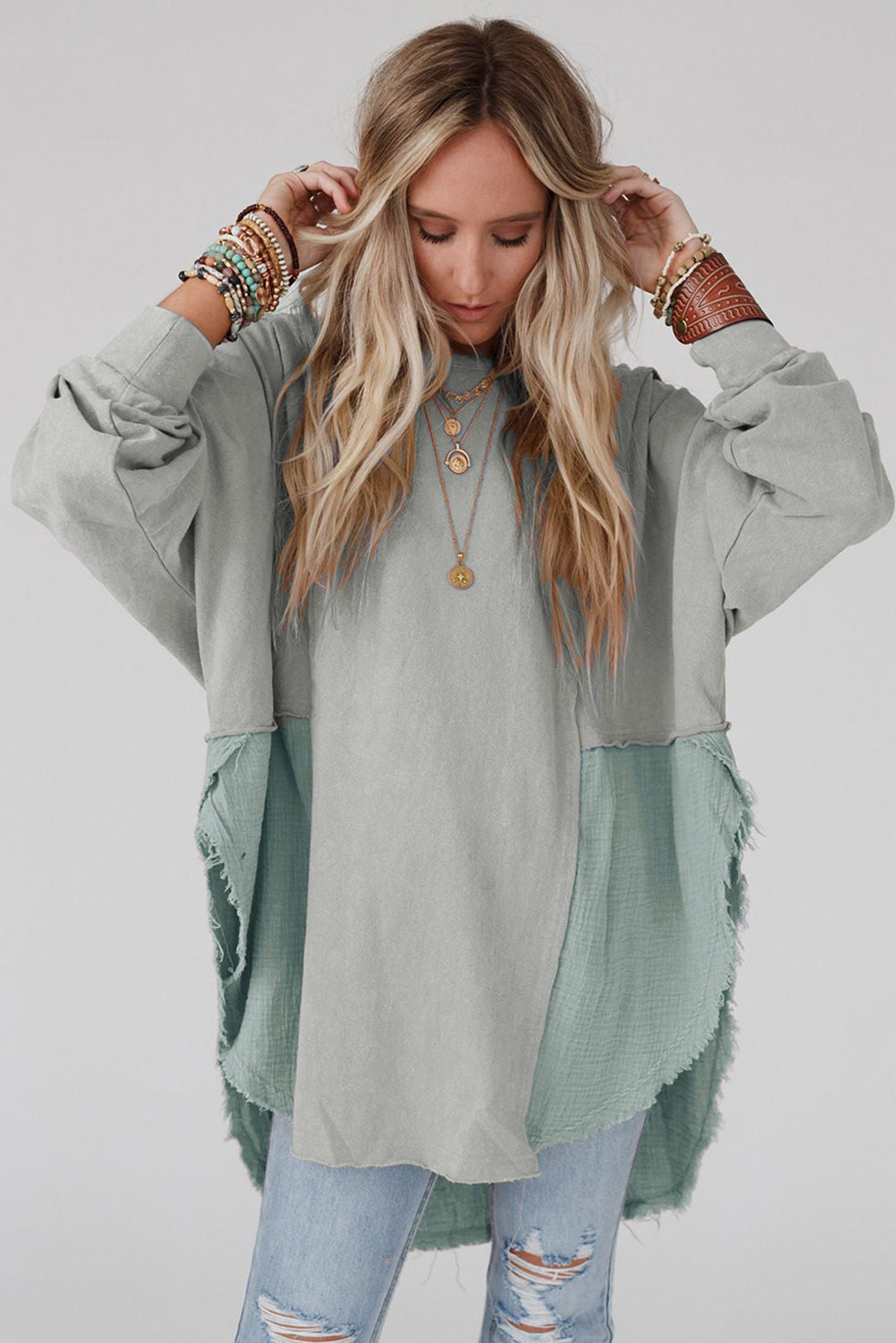 Grey Crinkle Splicing Raw Hem High Low Oversized Blouse