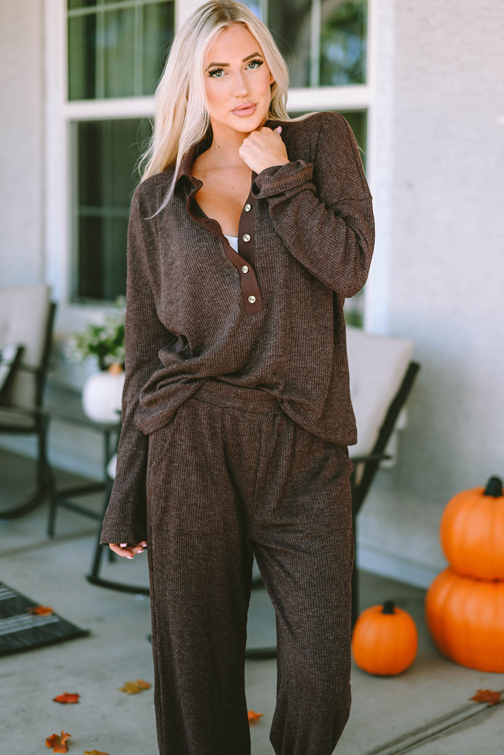 Black Ribbed Knit Collared Henley Top and Pants Lounge Outfit