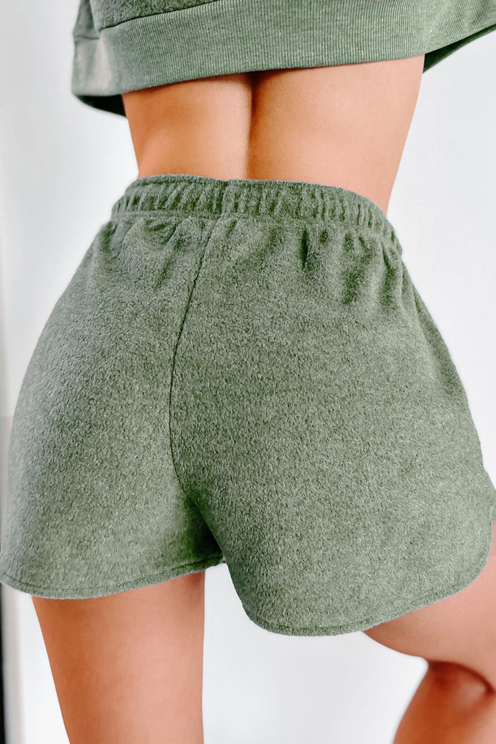 Green Fleece Two-piece Cropped Pullover and Shorts Set