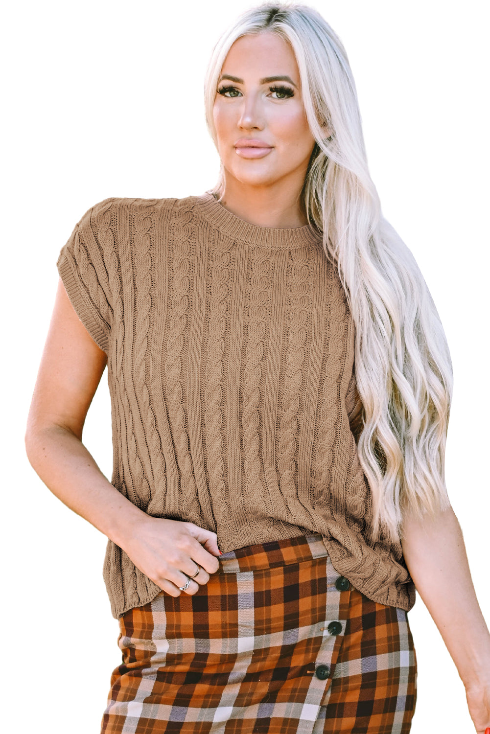 Light French Beige Crew Neck Cable Knit Short Sleeve Sweater