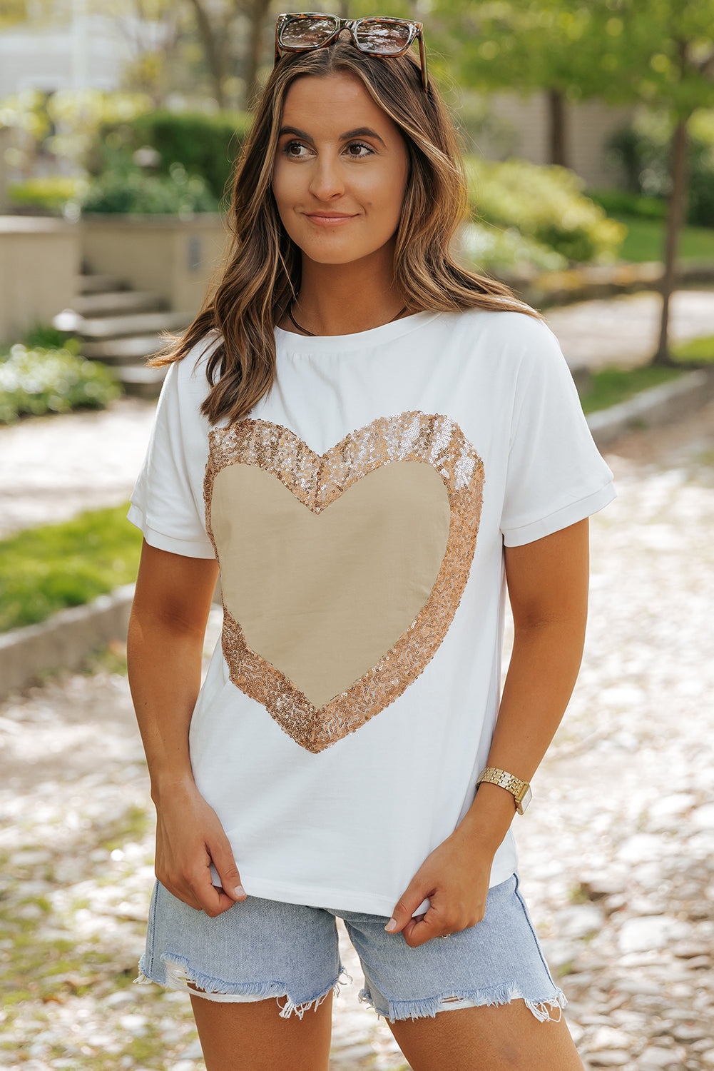 White Valentine's Day Sequined Heart Crew Neck Short Sleeve Top