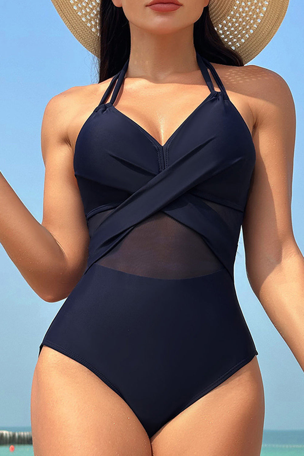 Navy Blue Halter Mesh Insert Cross Front One-Piece Swimsuit