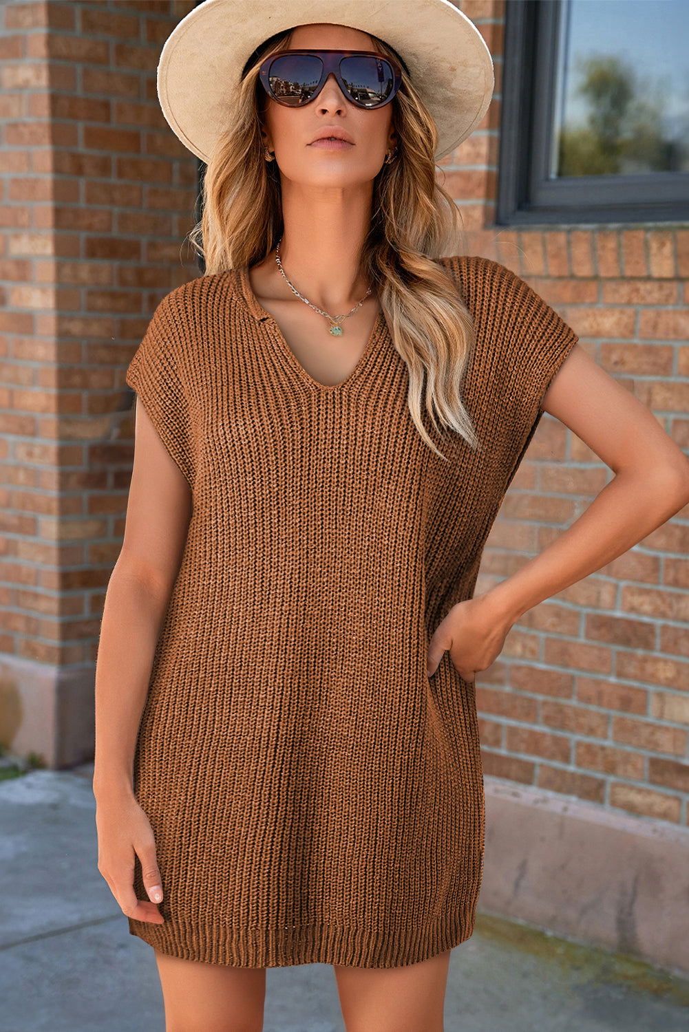 Camel Solid Color Short Sleeve Notched V Neck Sweater Dress