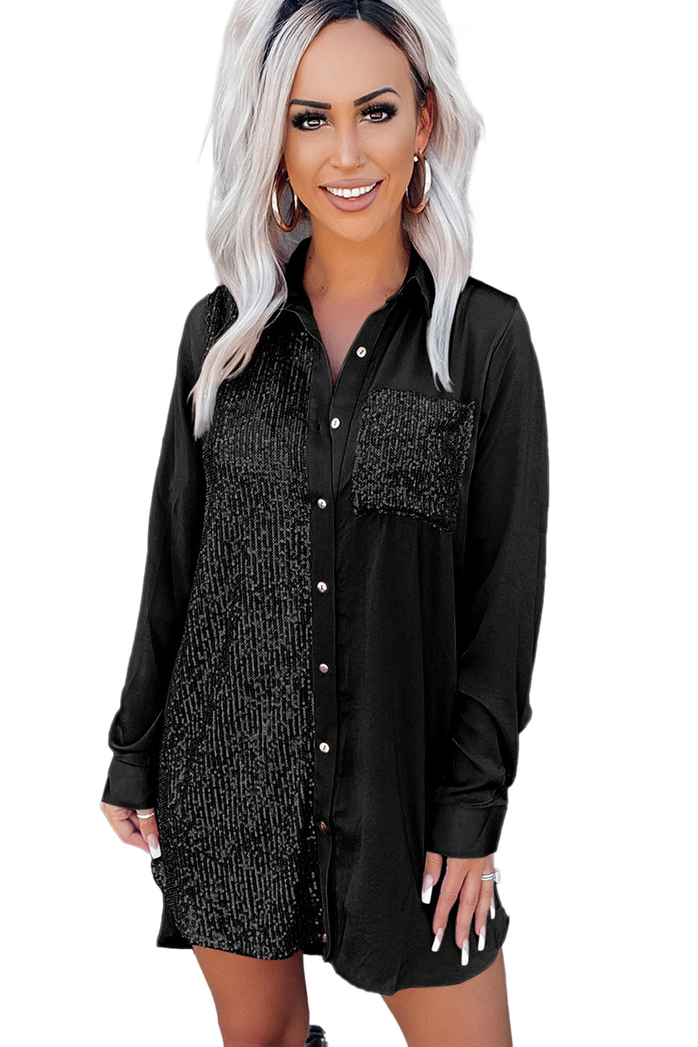 Black Sequin Splicing Pocket Buttoned Shirt Dress