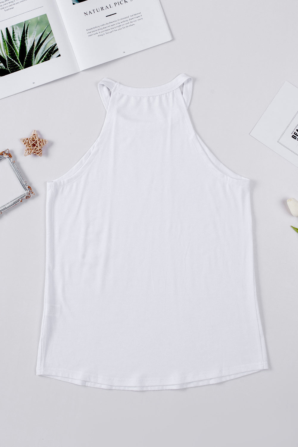 White Solid Color Crew Neck Tank Top